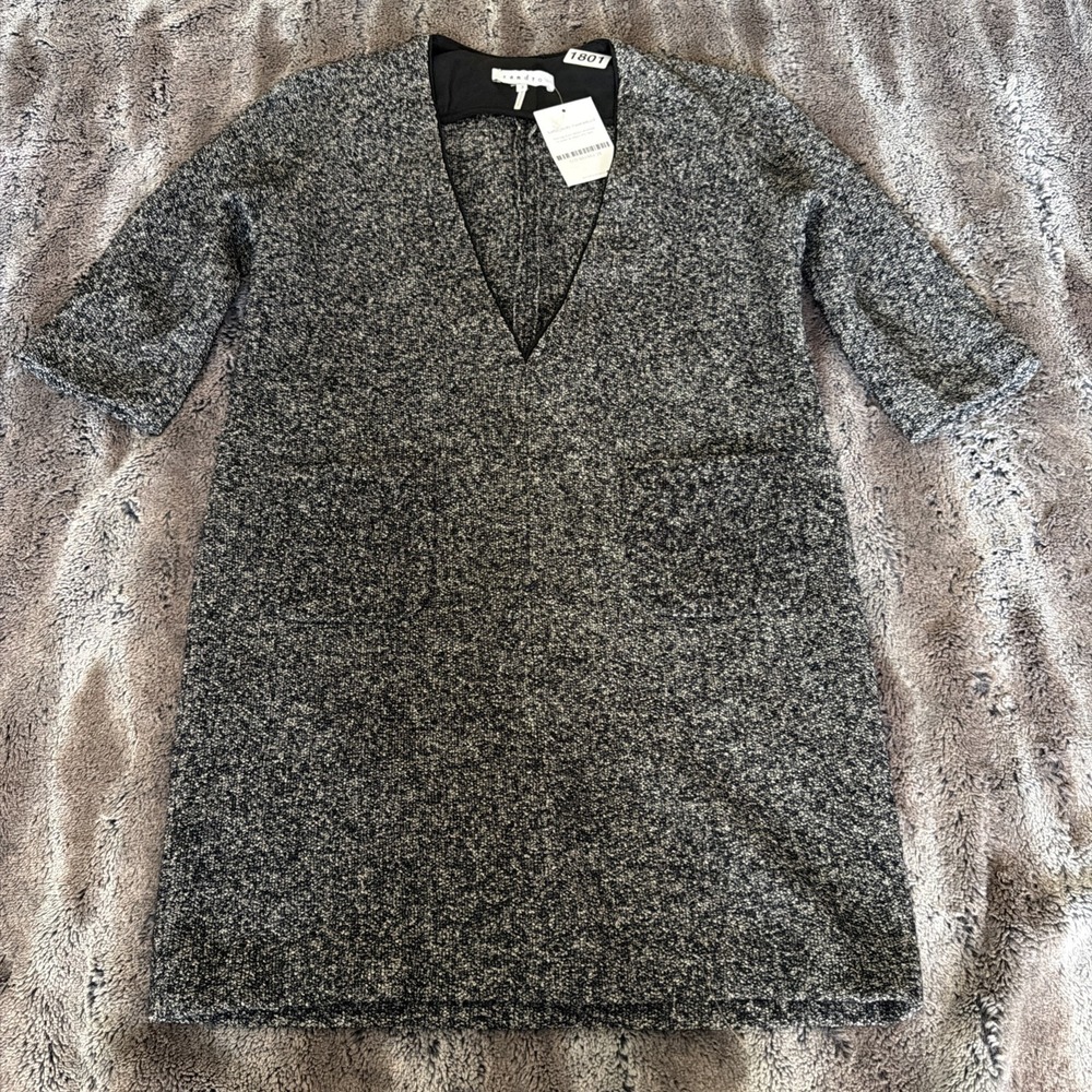 Sandro Women's Black White Knit Wool Blend V Neck Sweater Dress Size 3 FR / US L